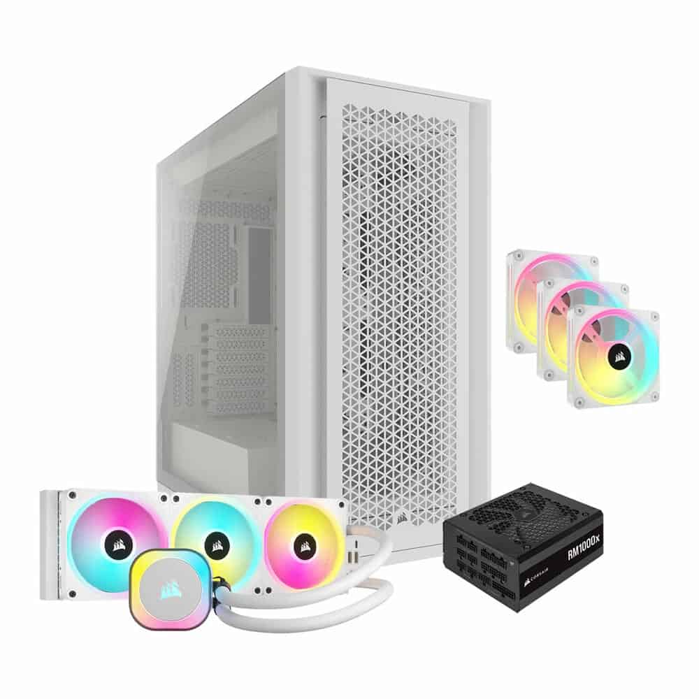 (image for) Corsair 5000D Core Airflow White + RM1000x Black PSU, 3X QX120 Fans + H150i RGB LINK Cooler